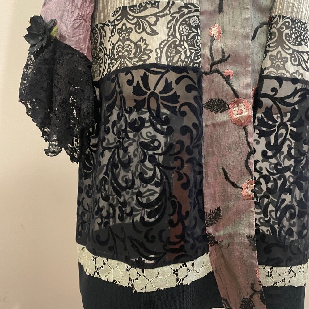 Lee Andersen Art to Wear Mixed Media Velvet Burnout Lace Trim Kimono Style Cardi - Picture 8 of 14